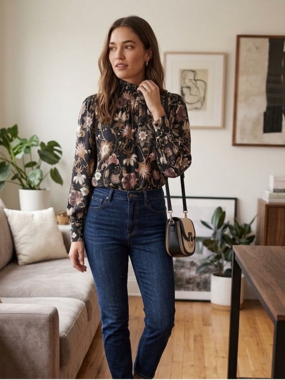Evereve Floral High/Mock
Neck Long Sleeve Botanical blouse